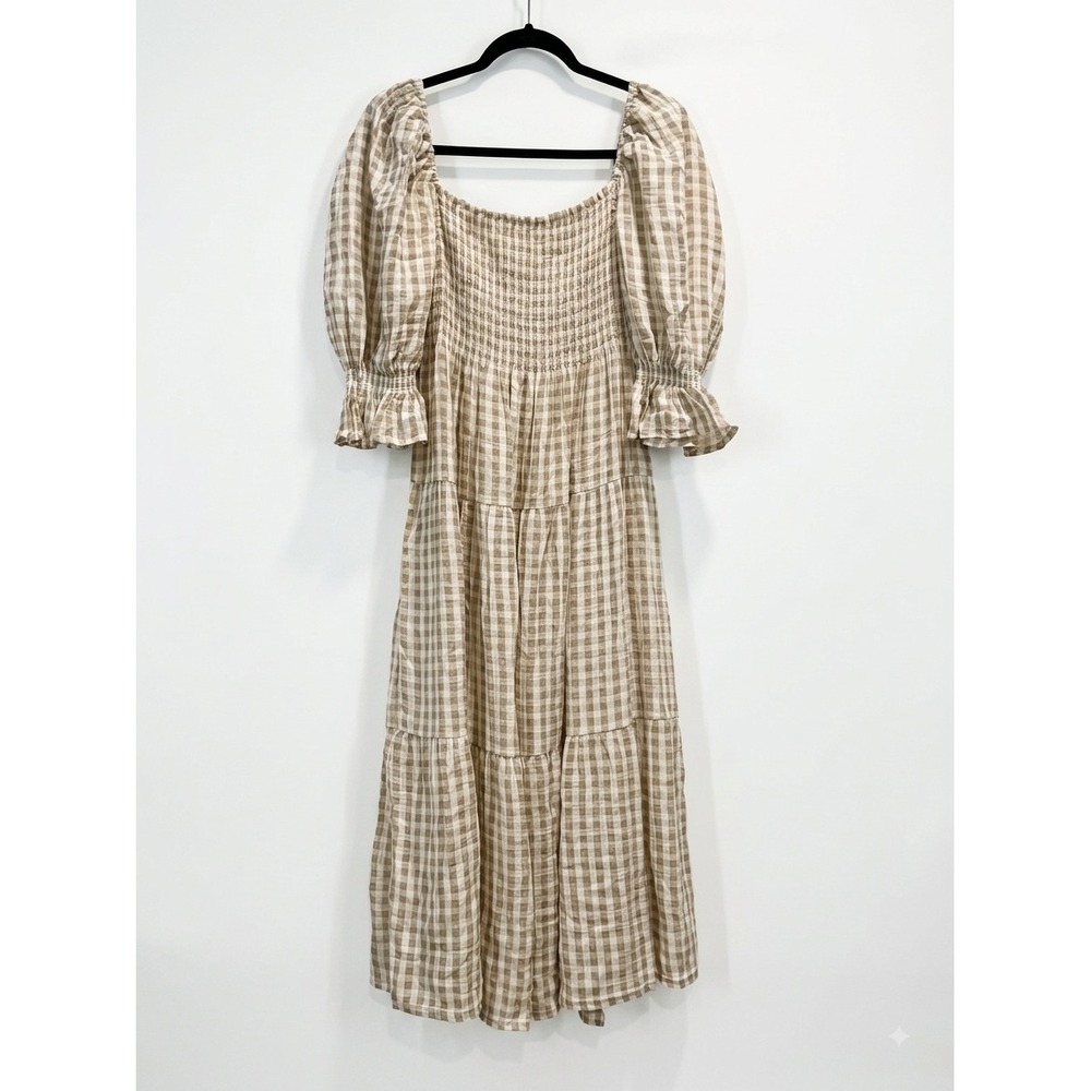 Nothing Fits But Kiko Gingham Smocked Midi Dress Tan Cream Cotton Large